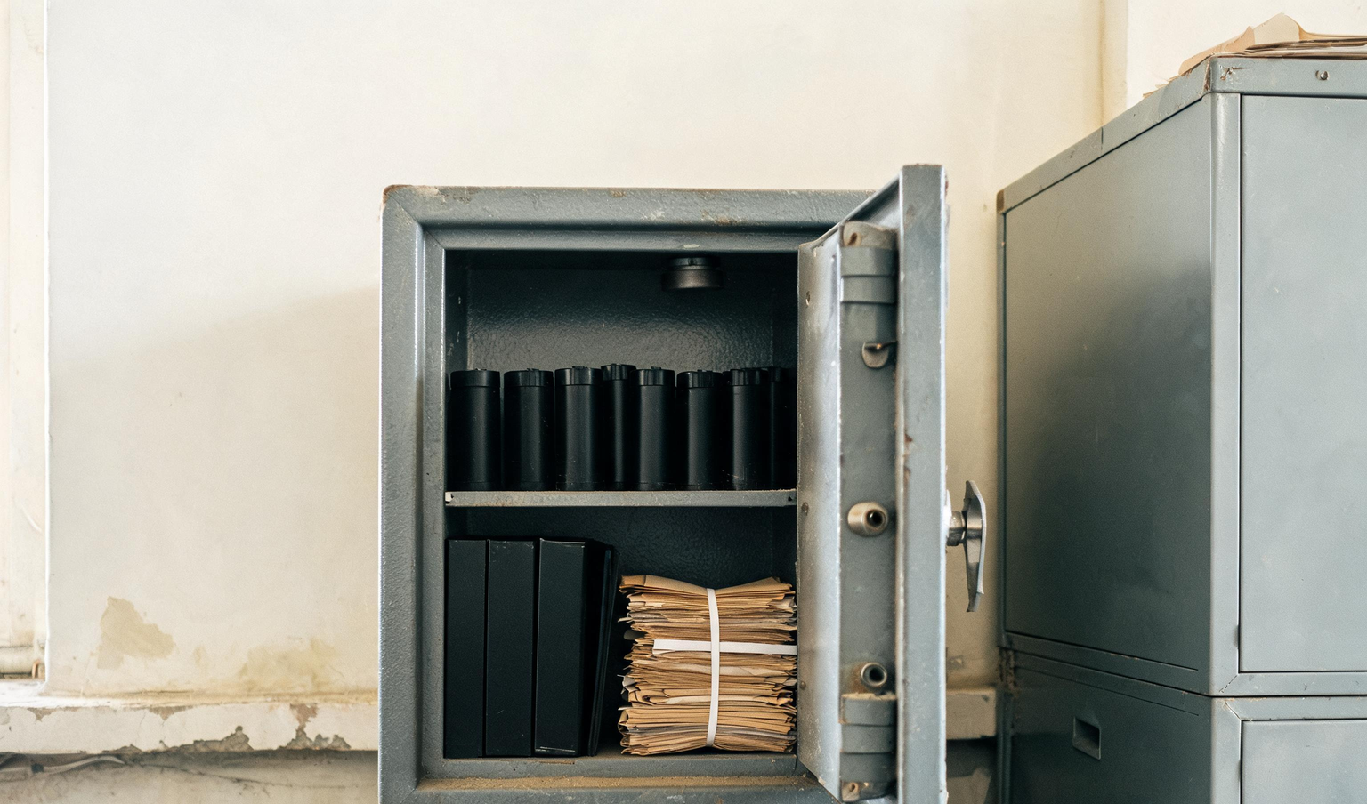 Backup media, binders and files inside an open fireproof safe in a factory IT room