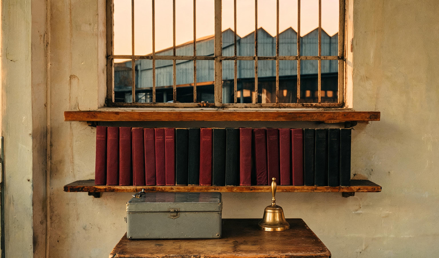 Shelf of cloth-bound ledgers and a steel cash box in the accounts room of a small Tamil Nadu manufacturer