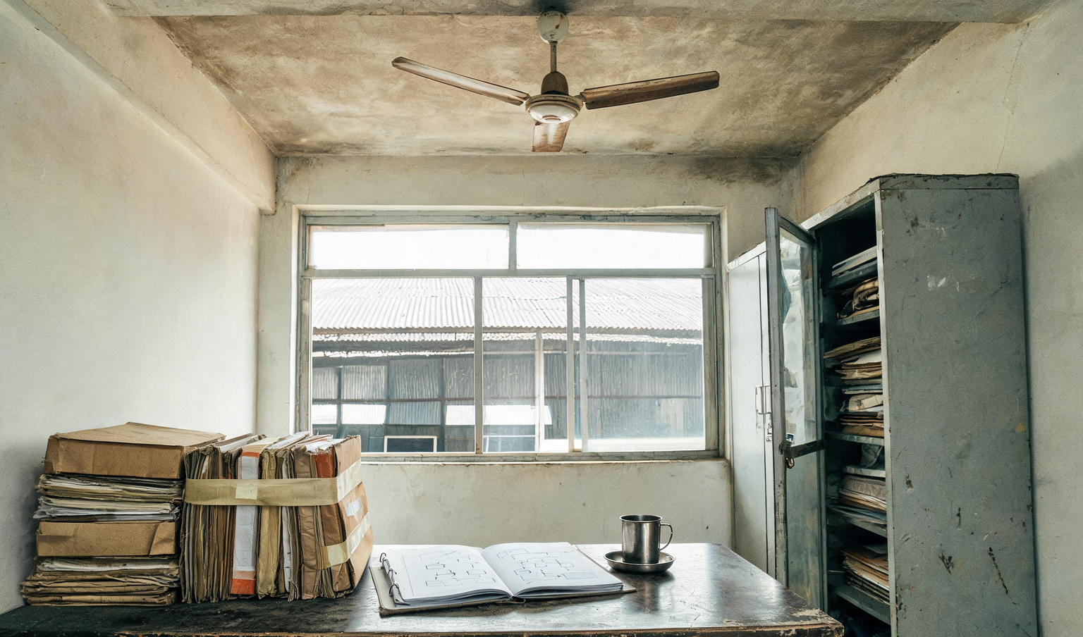 Plant manager's office in a Tamil Nadu engineering factory with process flow files and box files, the kind of records a management audit reviews