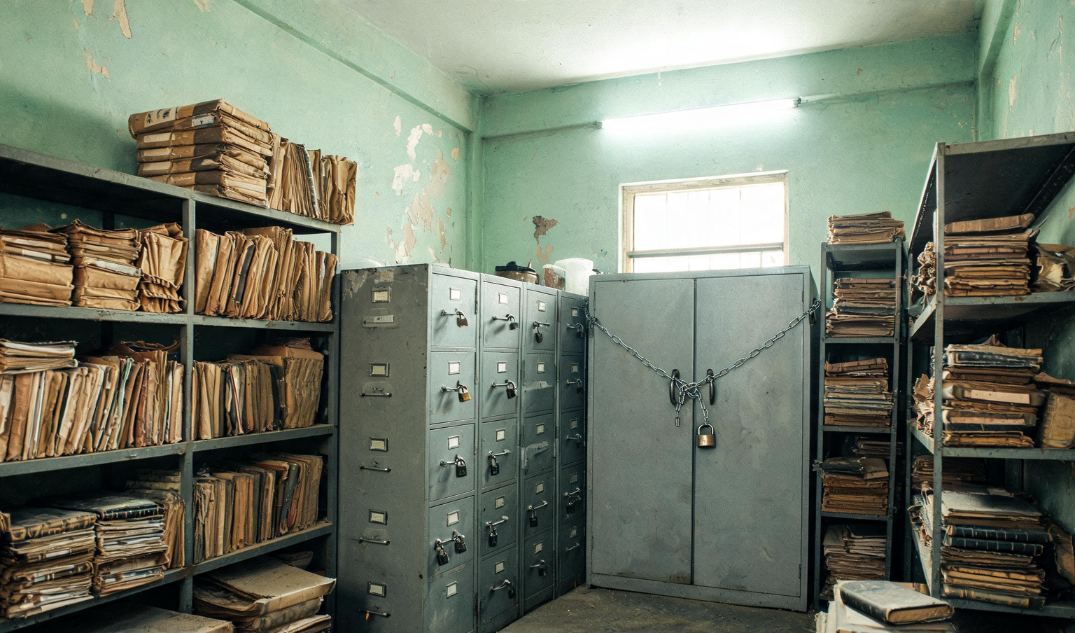 Factory records room in Coimbatore with padlocked steel filing cabinets, a chained almirah and box files
