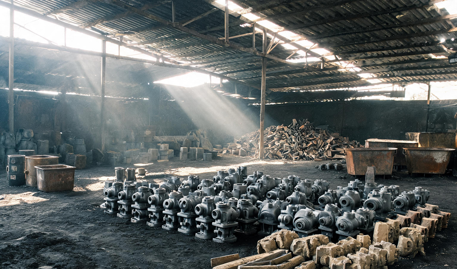 Foundry casting yard in Coimbatore with rows of pump body castings and scrap risers awaiting a yield review