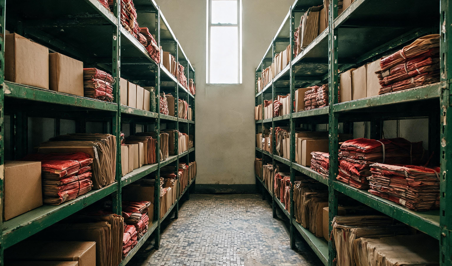 Records room with green steel racks of archive boxes and bundled files holding GST and TDS returns and challans
