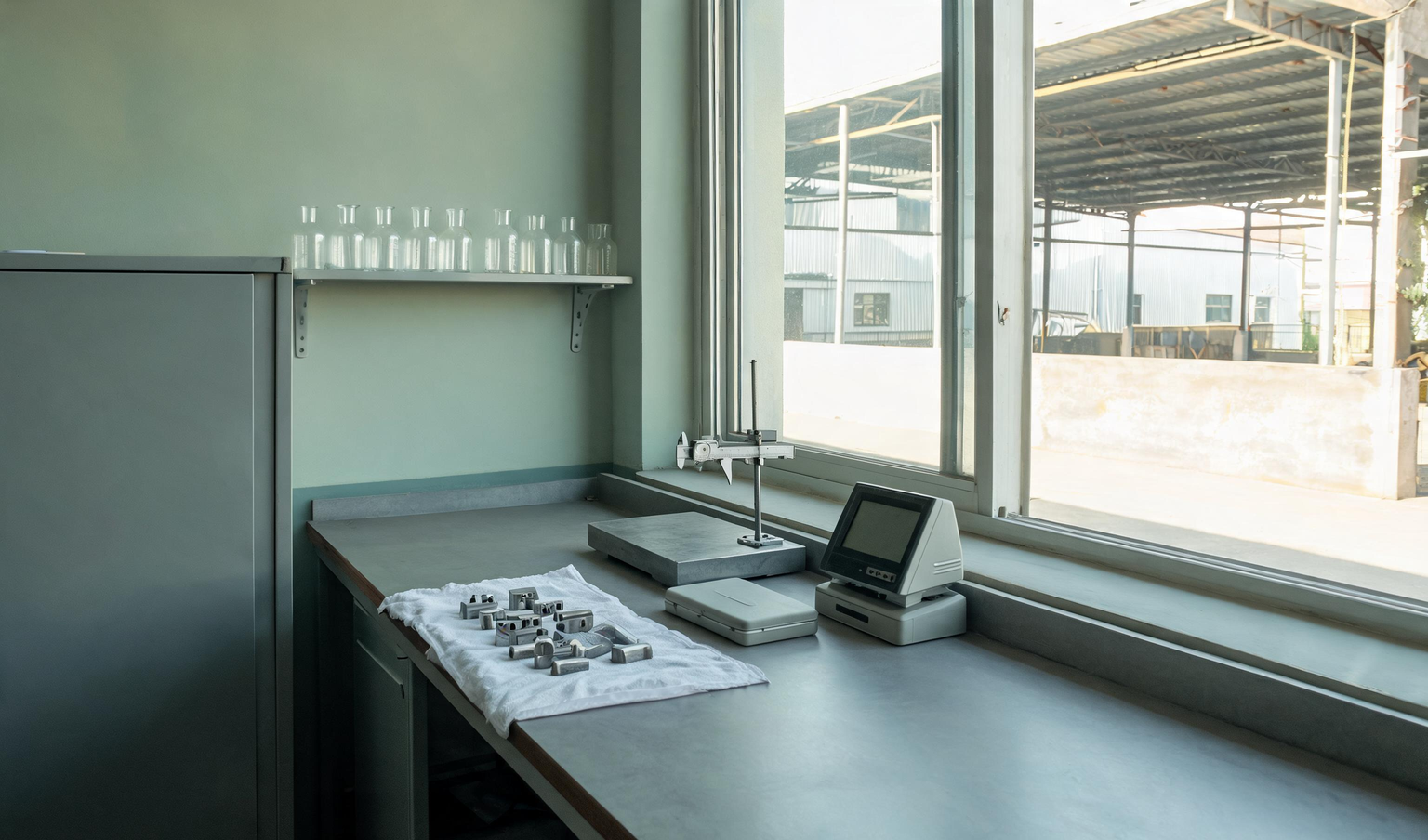 Quality control laboratory bench in an engineering factory with machined sample parts and measuring instruments