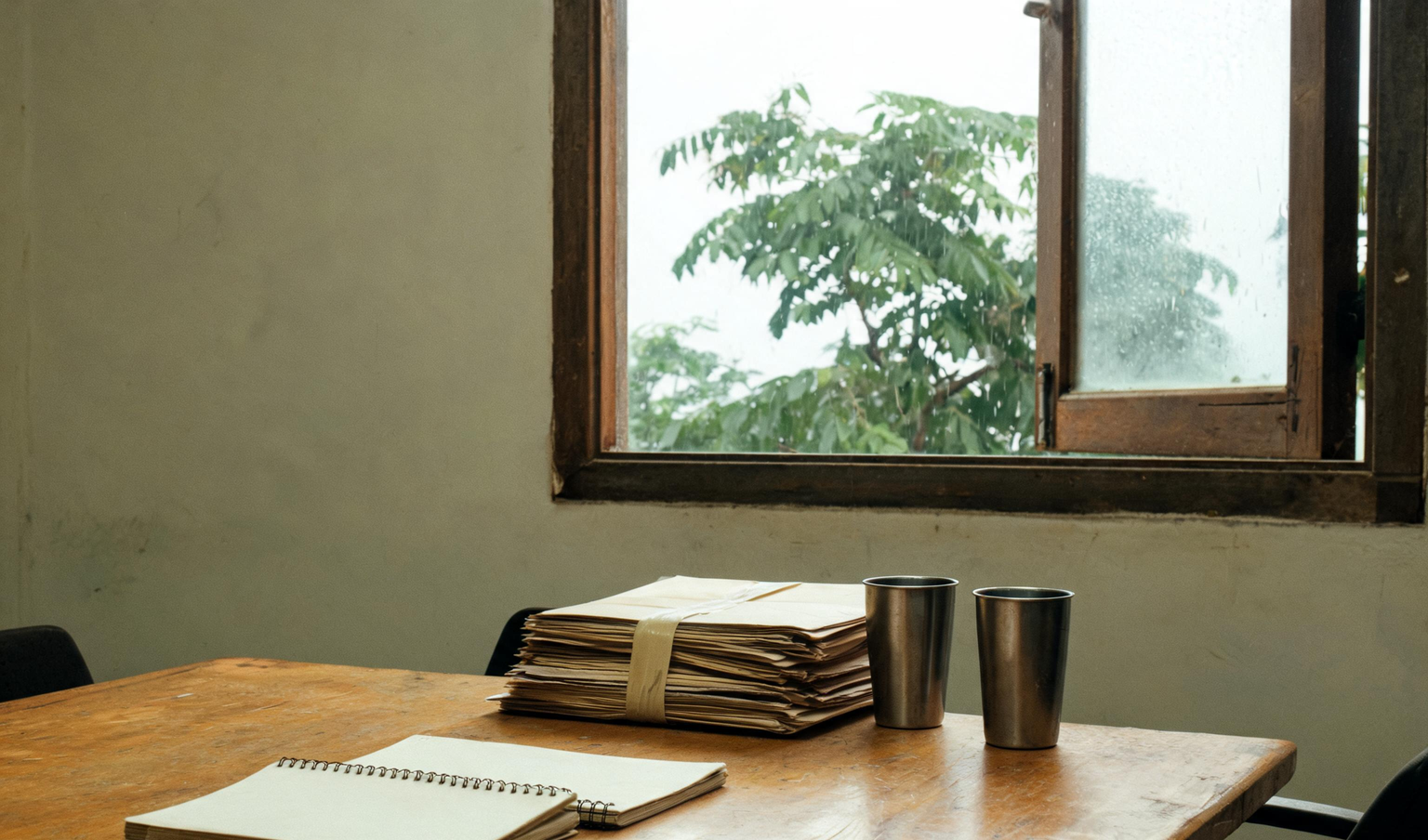 Meeting table in a manufacturing unit office with MIS booklets and tied files
