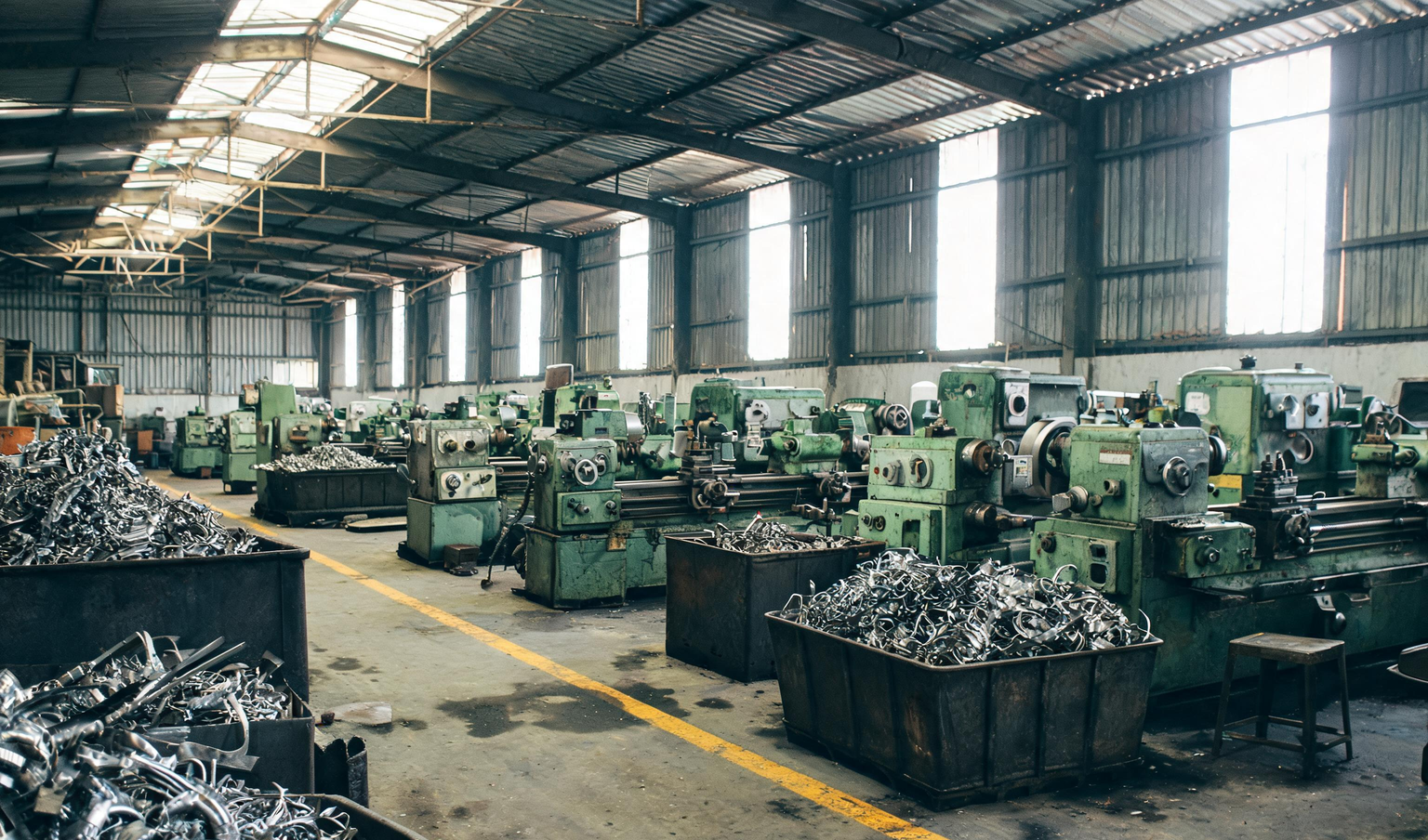 Machine shop in a Coimbatore engineering plant with lathes and scrap bins of metal turnings