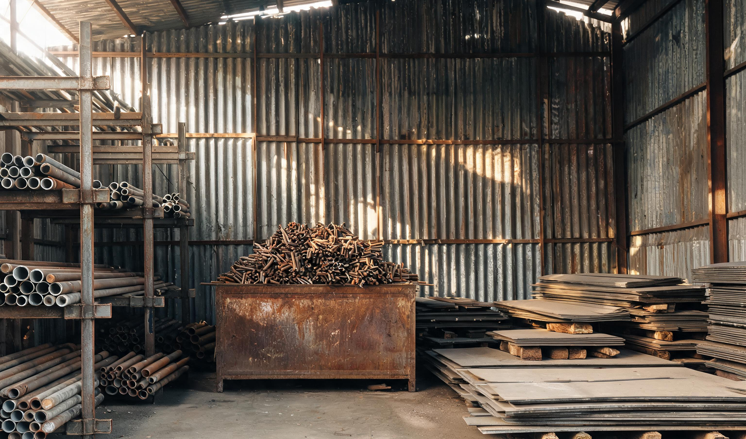 Raw material store with racks of steel tubes, a bin of cut-off tube ends and stacked steel plates