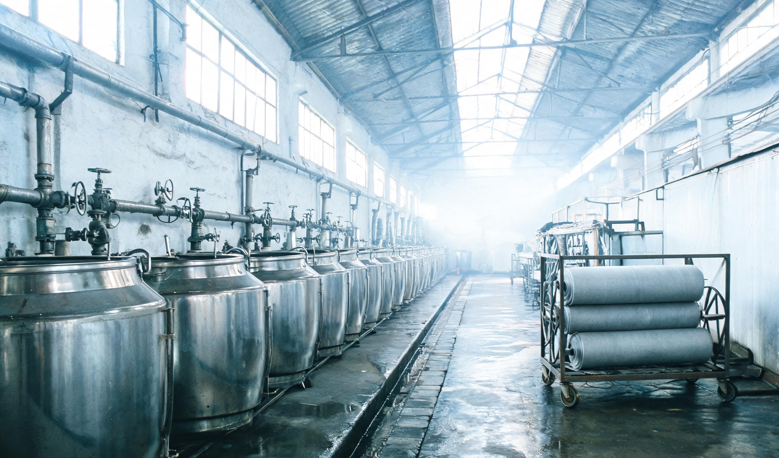 Empty textile dyeing unit with stainless steel dyeing vats and rolls of grey cloth, the kind of plant a management audit in Tamil Nadu covers