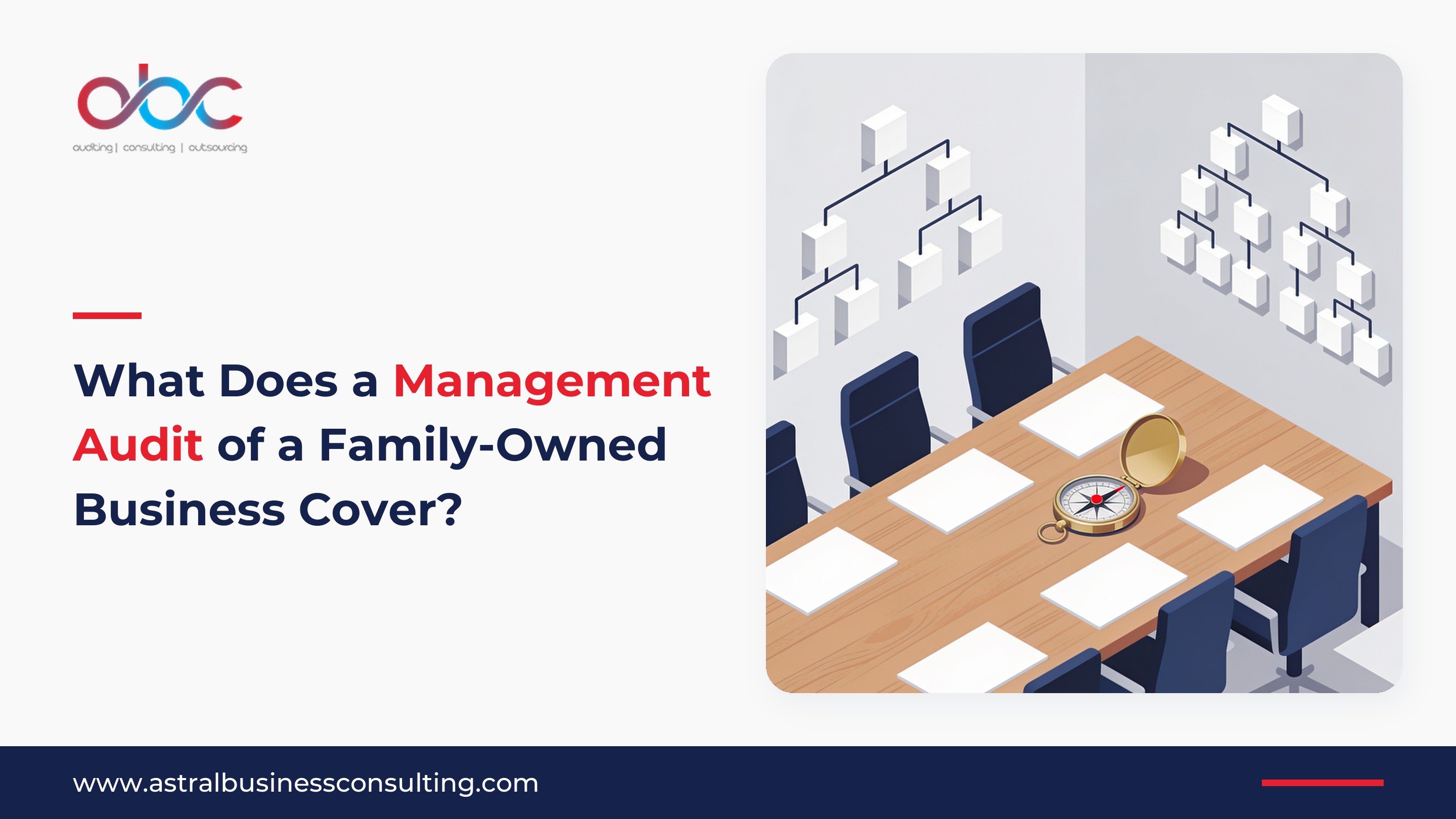 Illustration of a family-business boardroom with a long wooden table, a wall organisation chart made of connected plain blocks shaped like a tree, and a brass compass lying on the table