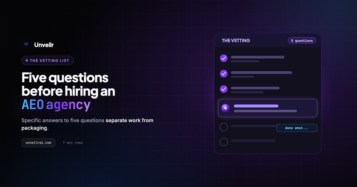 Unveilr banner: a five-question vetting checklist with three checks complete and the fourth in progress.