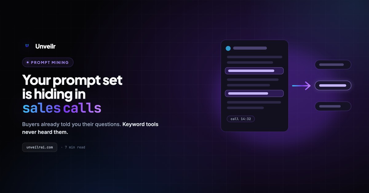 Unveilr banner: a call transcript with highlighted buyer questions becoming tracked prompt pills.