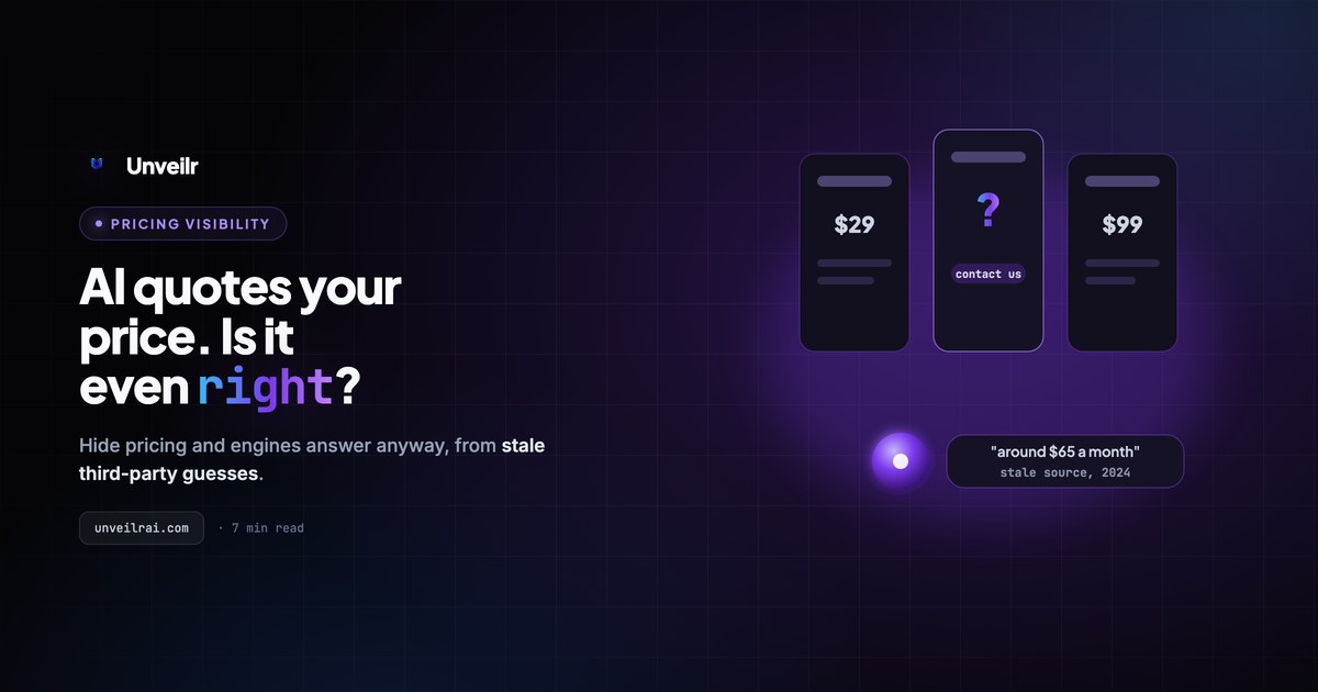 Unveilr banner: three pricing tiers where the middle says contact us, while an AI bubble quotes a stale third-party price.