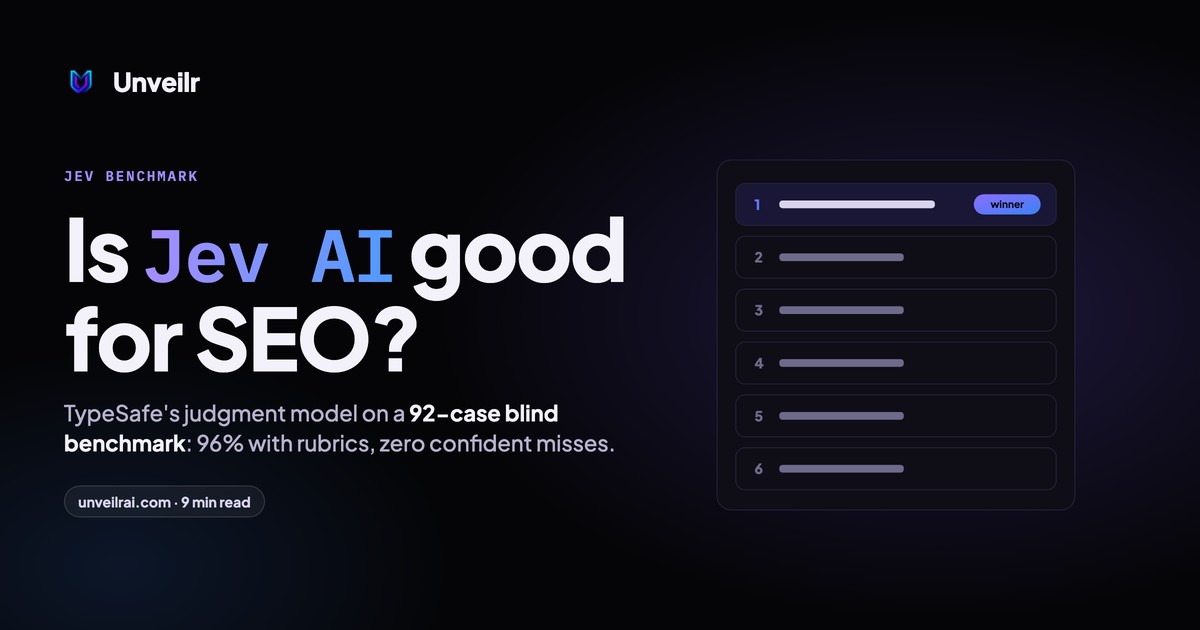 Unveilr banner: Is Jev AI good for SEO? 92-case blind benchmark results