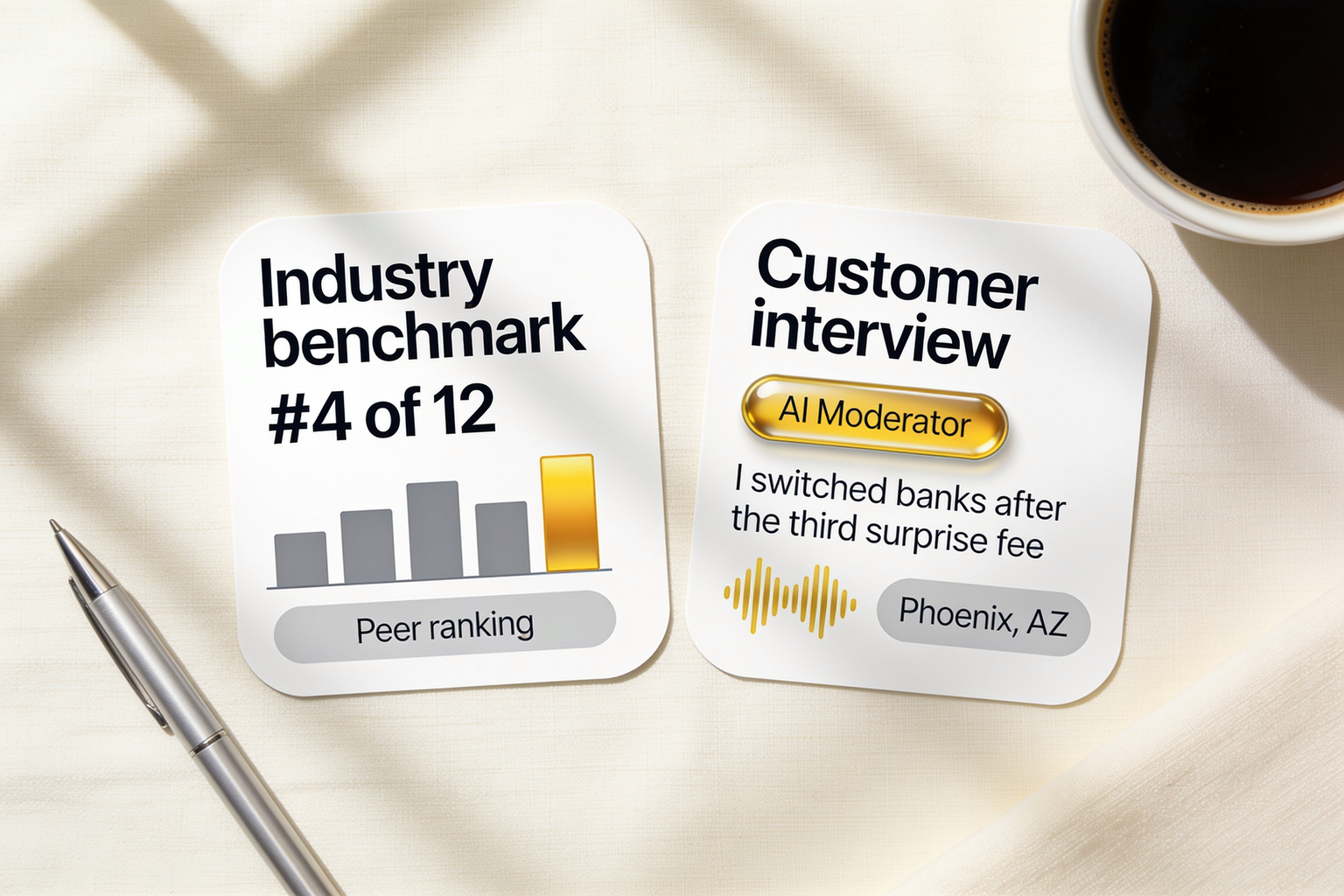 An industry benchmark peer ranking card beside an Alchemic AI customer interview quote from a US bank customer in Phoenix, showing the reason behind the number