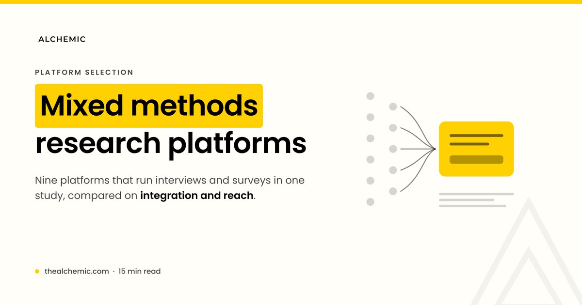 Mixed methods research platforms compared by how qualitative interviews and quantitative surveys combine in one study