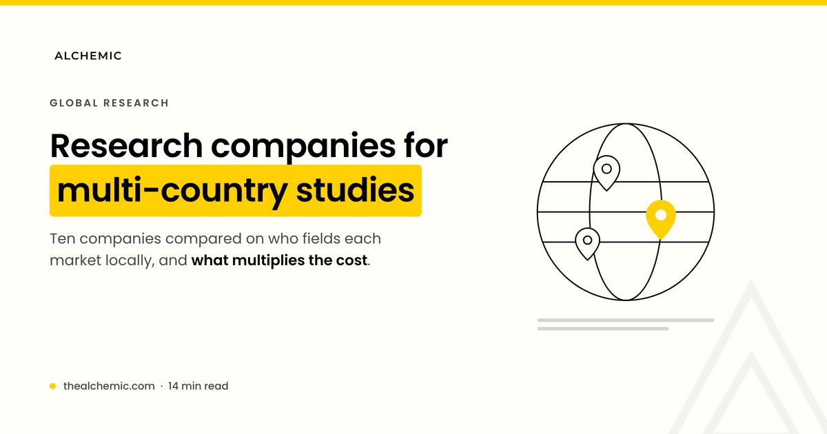 Banner for global market research companies for multi-country studies, with a globe and map pins