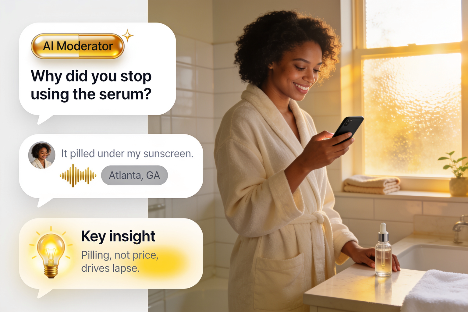 A US skincare shopper in Atlanta answers an Alchemic AI interview from her bathroom, with the moderator question, her quote about a serum pilling under sunscreen and a key insight on screen