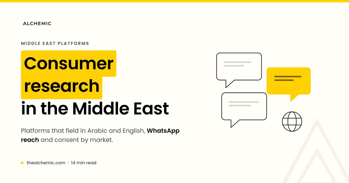 Banner for a guide to consumer research platforms in the Middle East, with Arabic and English chat bubbles