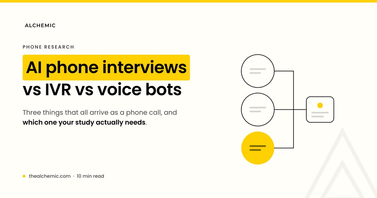 Alchemic banner: AI phone interviews vs IVR vs voice bots, with a three-way comparison diagram