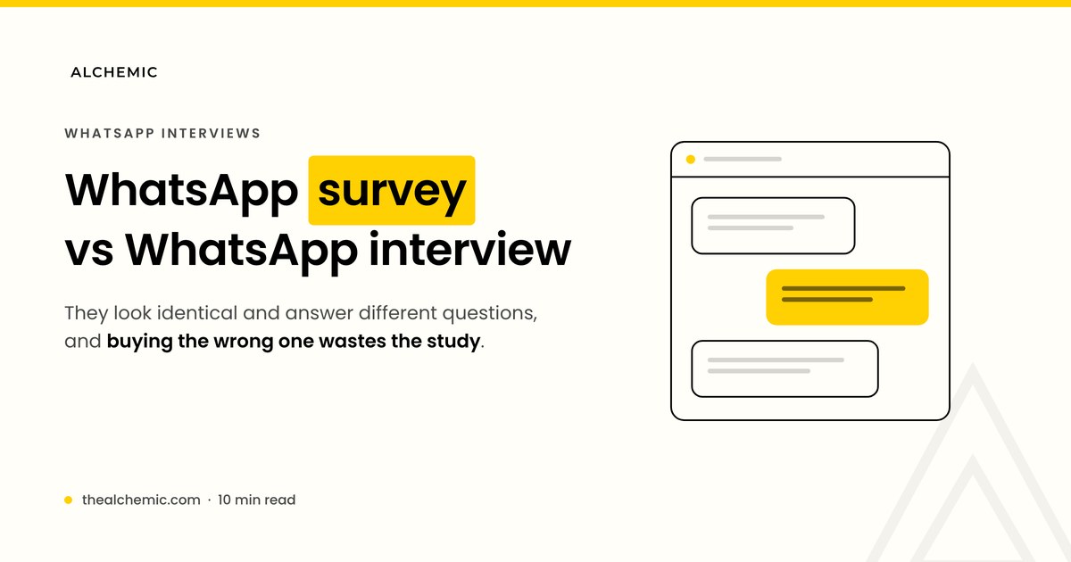 Alchemic banner: WhatsApp survey vs WhatsApp interview, with a chat transcript illustration