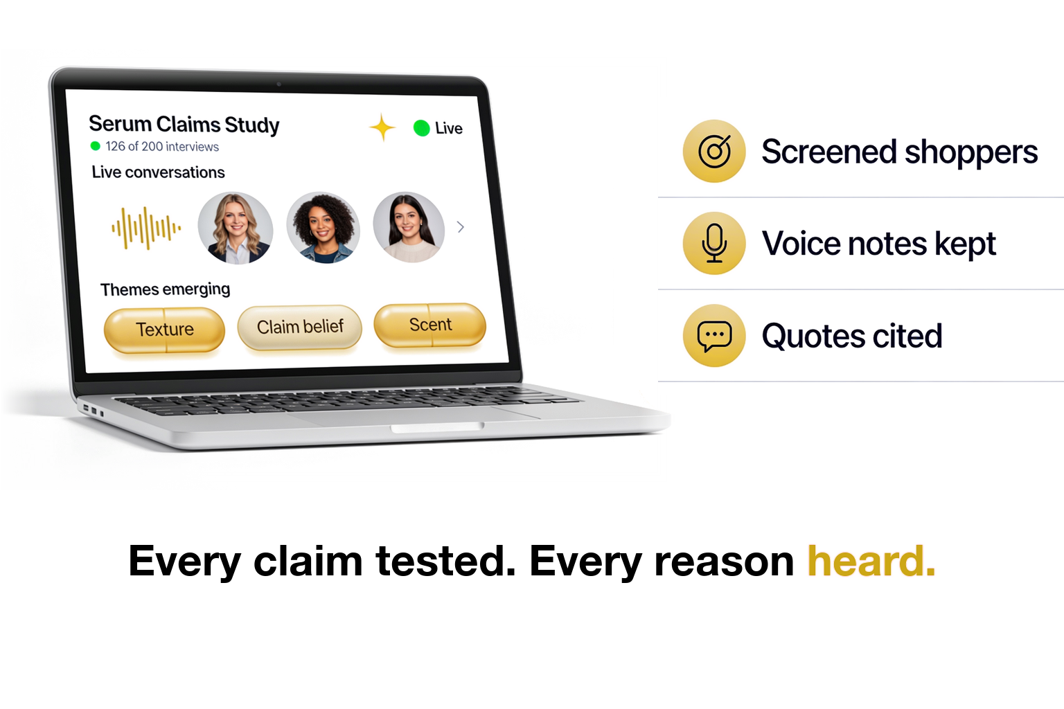 Alchemic beauty research dashboard for a serum claims study with live conversations with US shoppers and emerging themes such as texture, claim belief and scent