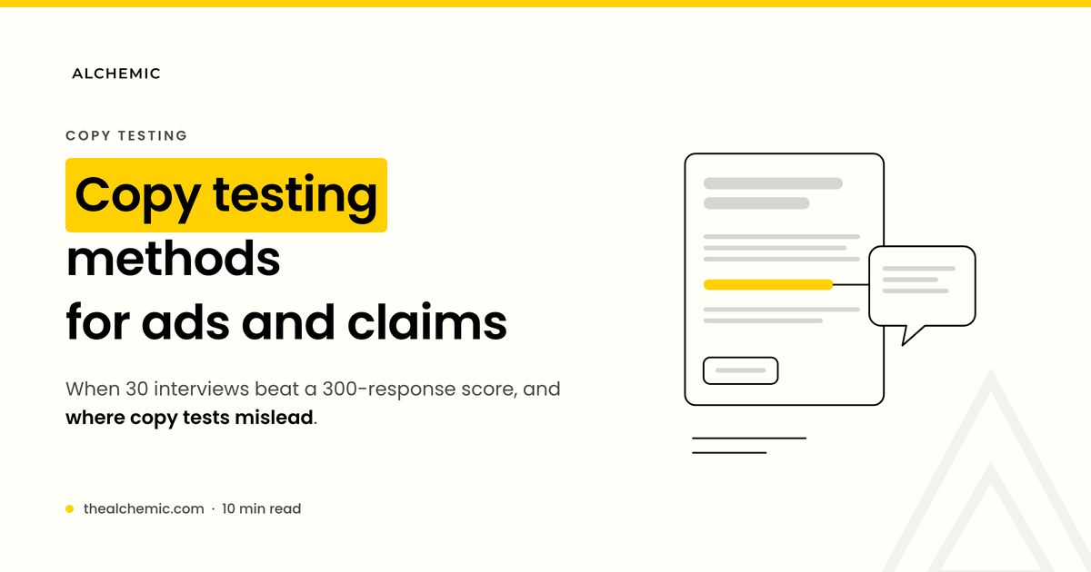 Banner for copy testing methods for ads and claims, with an ad copy line drawing