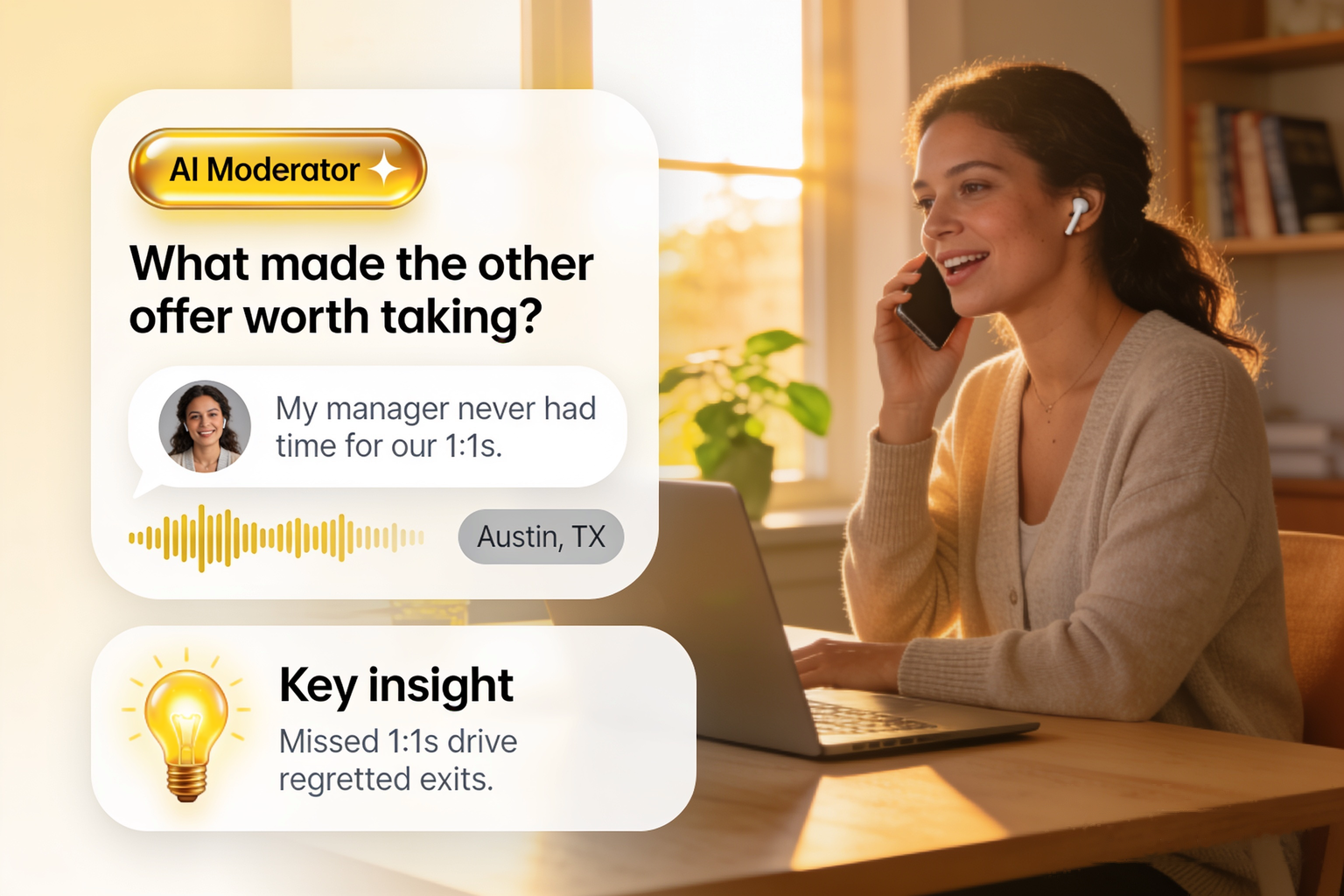 A departing US employee answers an Alchemic AI exit interview by phone, with the moderator question, her voice-note quote and a key insight on screen