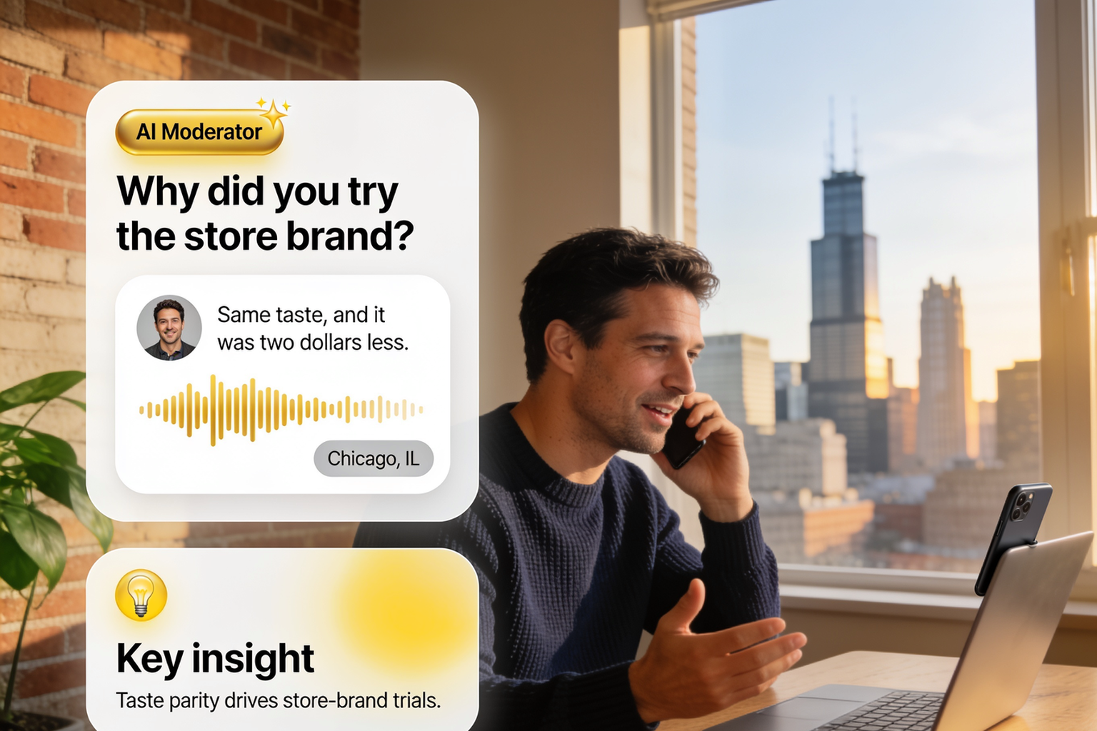 Chicago consumer answering an Alchemic AI-moderated interview by phone, with the AI Moderator question, his voice-note answer and the key insight card