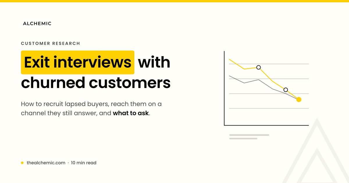 Banner for exit interviews with churned customers, with a declining trend line
