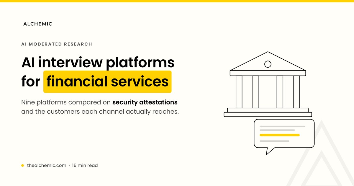 Banner for AI-moderated interview platforms for financial services, with a bank facade and an interview speech bubble