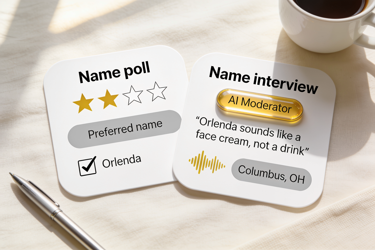 A name poll card with a preference tick beside an Alchemic AI name interview card quoting a US shopper on what a shortlisted brand name suggests