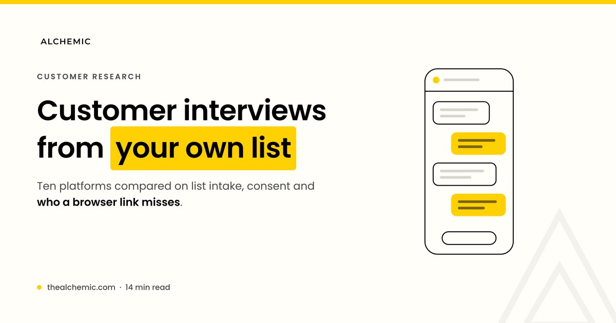 Banner for customer interview platforms that use your own customer list, with a phone showing a chat thread