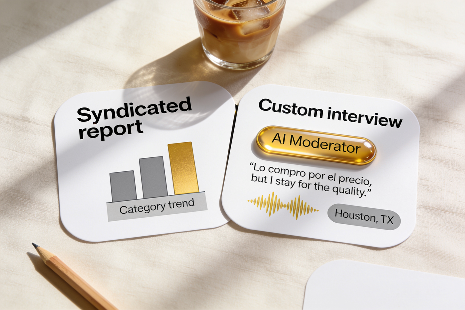 A syndicated category trend report beside an Alchemic custom interview card with a bilingual quote from a US Hispanic shopper in Houston