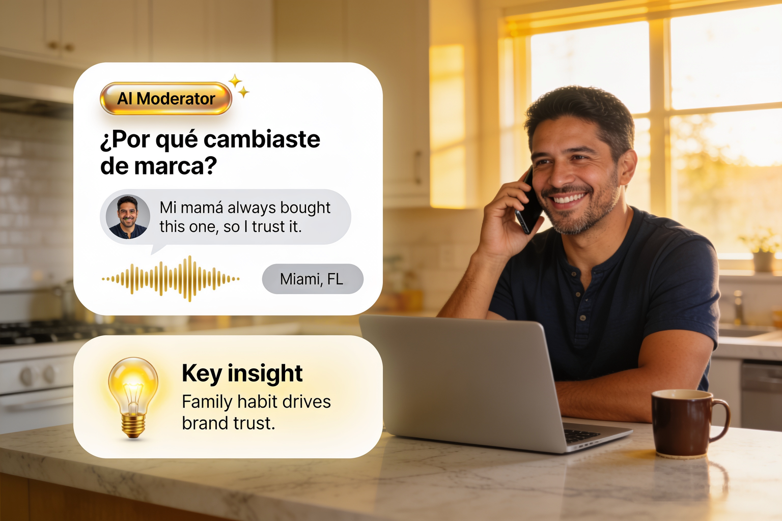 A Hispanic shopper in Miami answers an Alchemic AI interview by phone, with the moderator's Spanish question, his bilingual reply and a key insight on screen