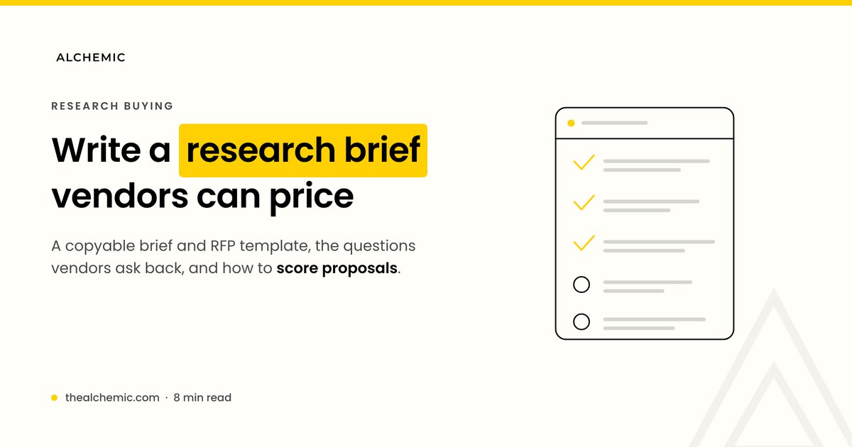 Banner for a market research brief and RFP template guide, showing a one-page brief with numbered sections