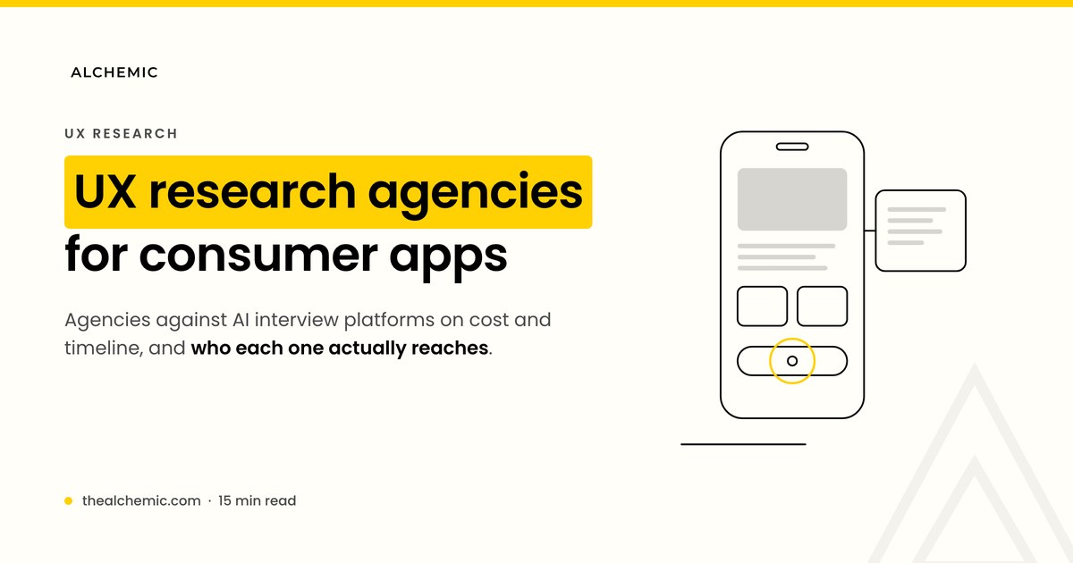 Banner for UX research agencies for consumer apps, with an app screen line drawing