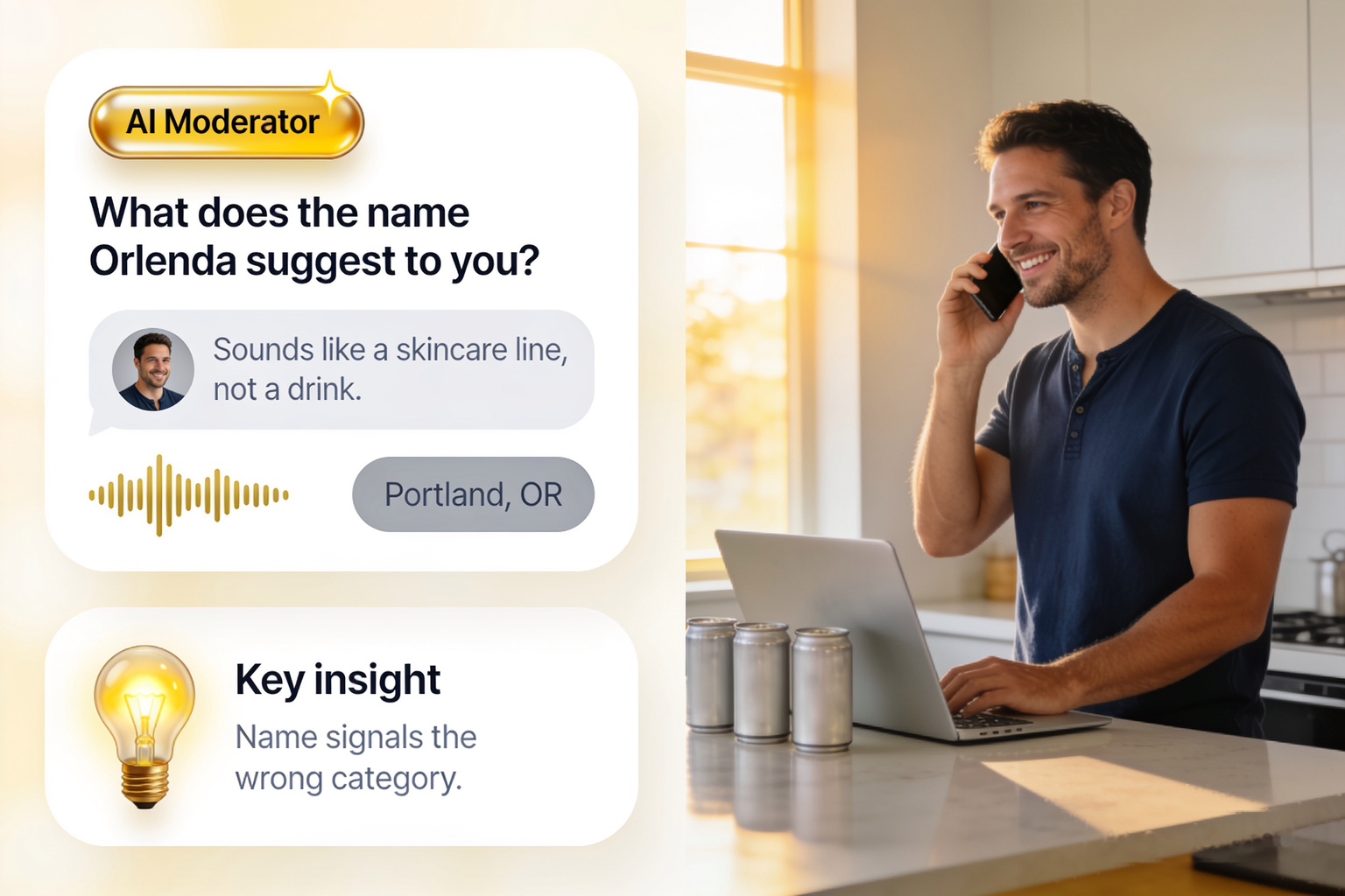 A US shopper in Portland answers an Alchemic AI brand name test by voice, with the moderator asking what a shortlisted name suggests, his quote and a key insight on screen