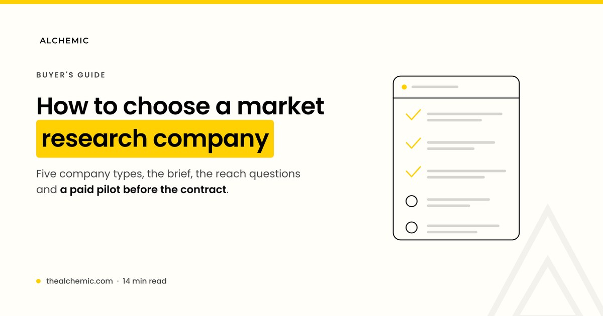 Banner for how to choose a market research company, with a checklist card