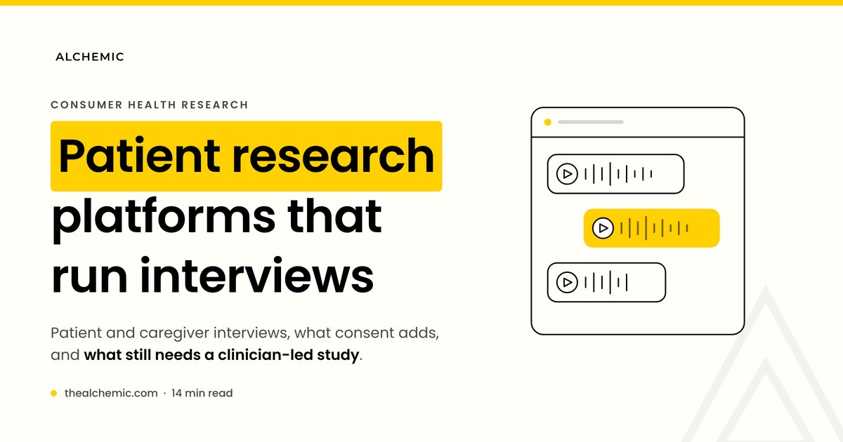Banner for a guide to patient research platforms, showing voice-note interview replies