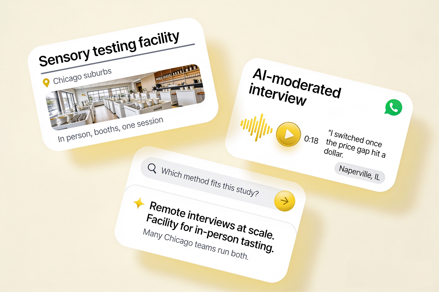 Sensory testing facility in the Chicago suburbs compared with an Alchemic AI-moderated interview from Naperville, IL