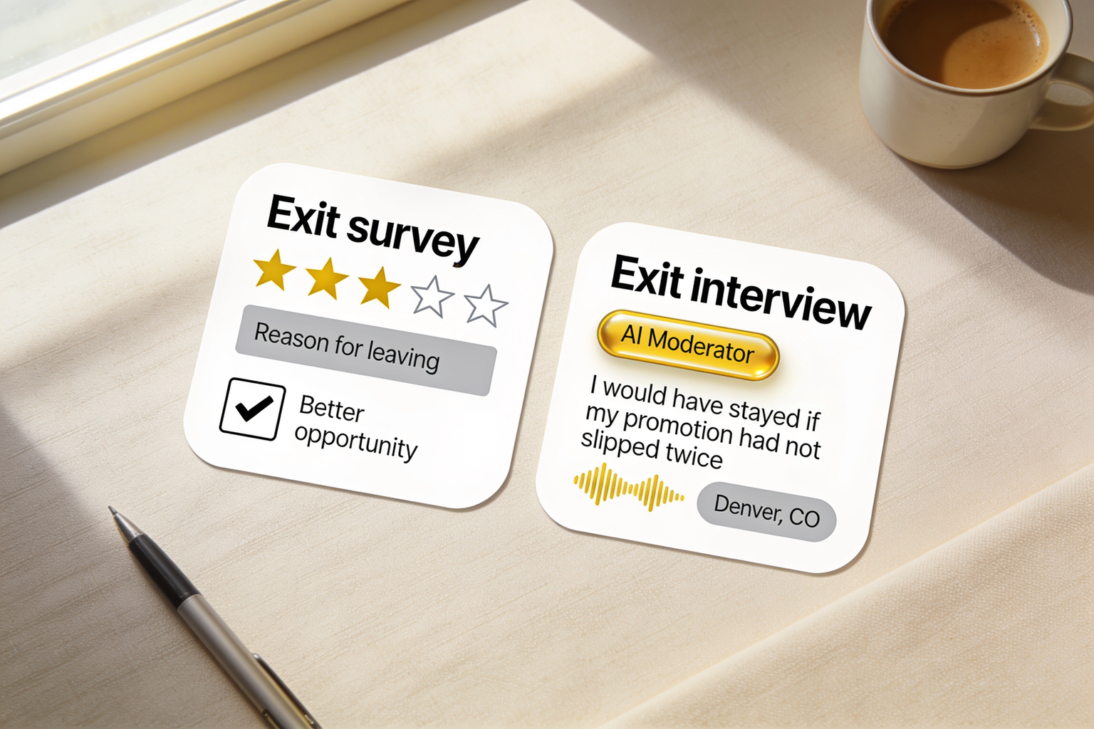 A fixed exit survey score beside an Alchemic AI exit interview quote from a US employee, showing the reason behind the rating