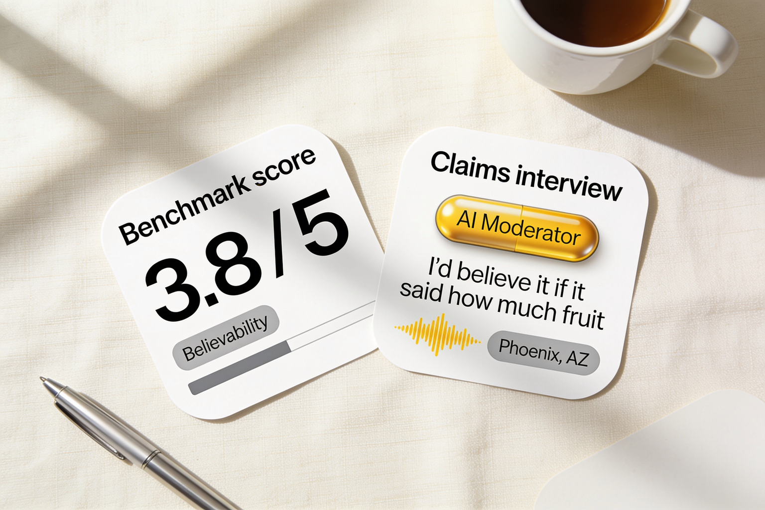 A benchmark believability score beside an Alchemic AI claims interview quote from a US shopper in Phoenix, showing the reason behind the rating