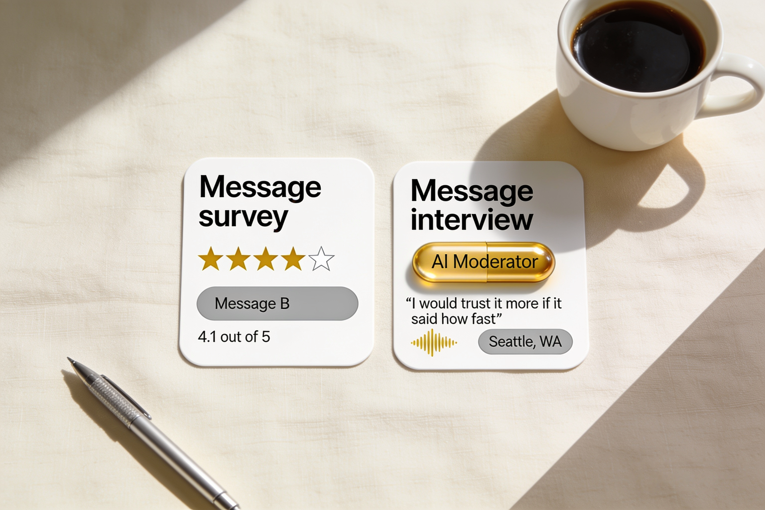 A message survey star rating beside an Alchemic AI-moderated message interview quote from a US respondent in Seattle, showing the reason behind the score