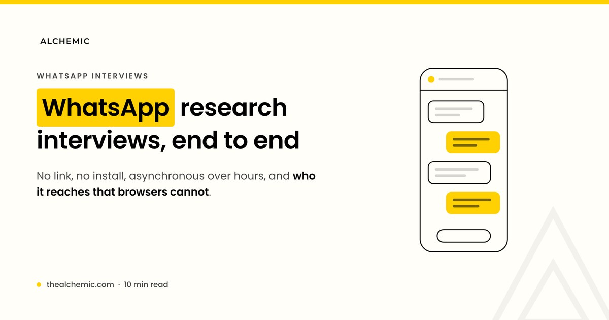 Alchemic banner: WhatsApp research interviews end to end, with a phone chat thread illustration