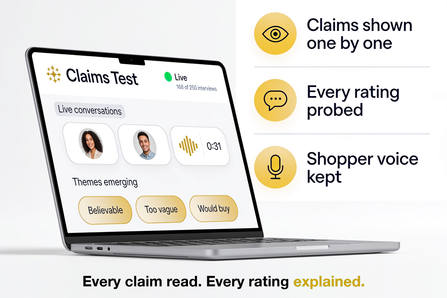 Alchemic claims test dashboard showing live US shopper interviews and emerging themes such as believable, too vague and would buy