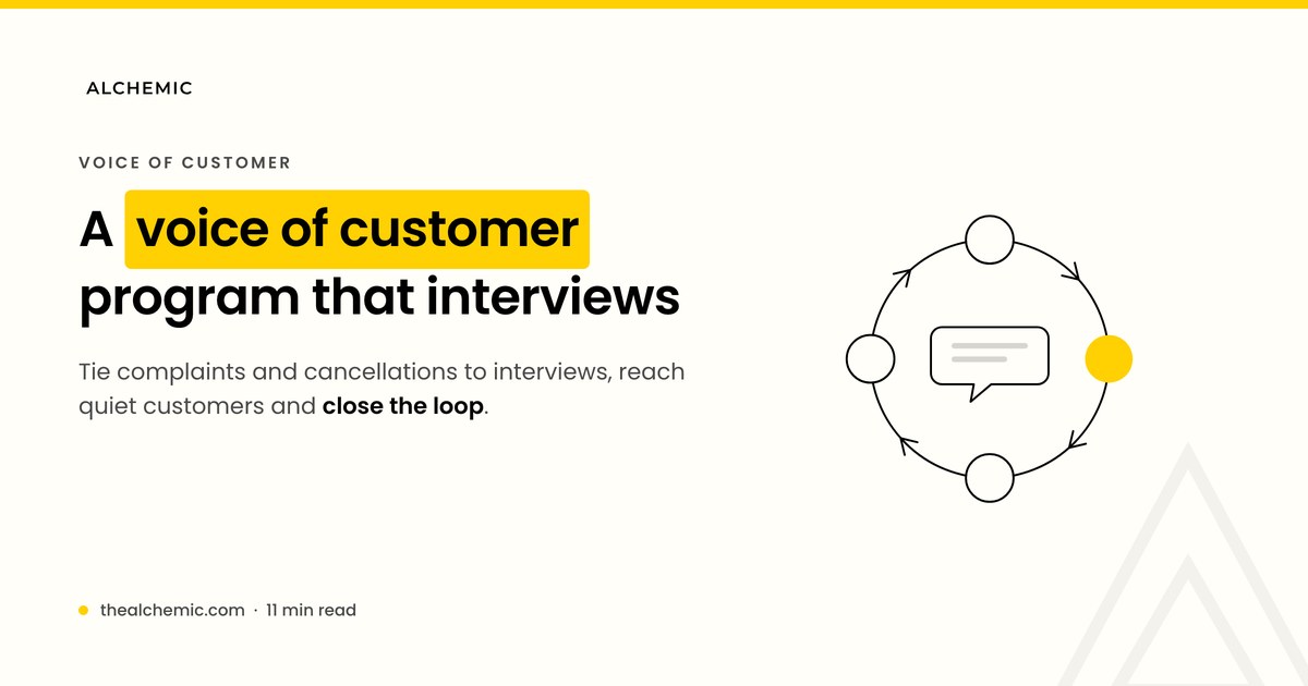 Voice of customer program banner, a closed loop from customer feedback to interviews to action and reply