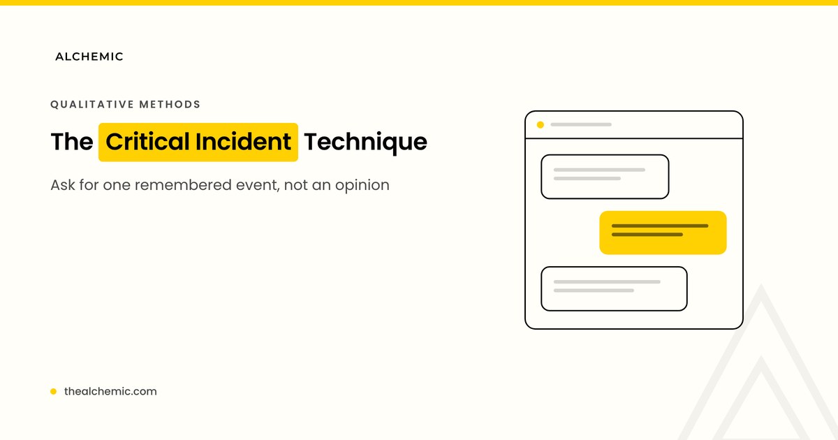 Critical incident technique interview notes showing one remembered event broken into context, action and outcome