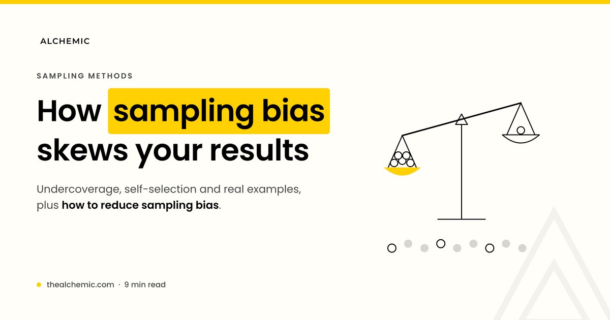 Banner explaining sampling bias, with a line drawing of a tilted scale over a crowd