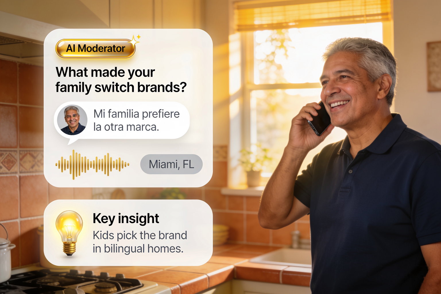 A Spanish-speaking US shopper in Miami answers an Alchemic multilingual AI interview by phone, with the moderator question, his Spanish reply and a key insight on screen