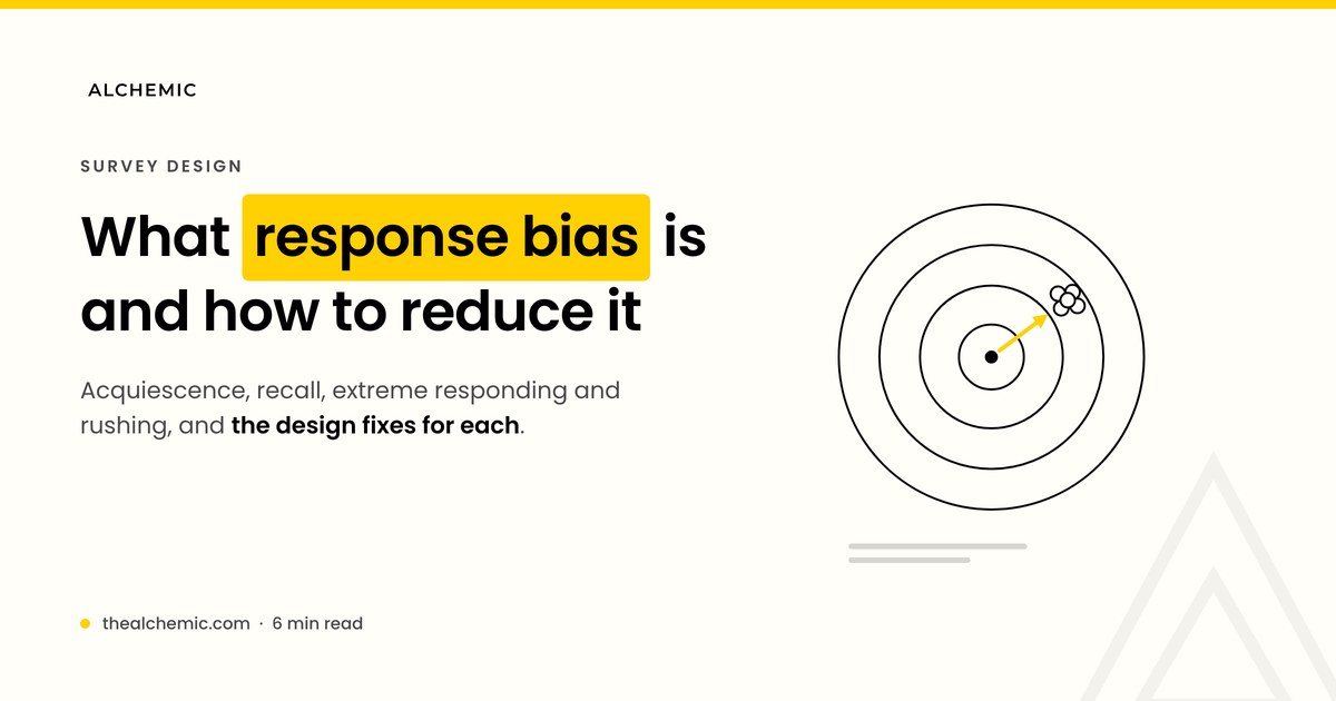 Banner explaining response bias in surveys, with a line drawing of an answer drifting from a target
