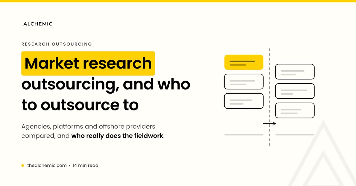 Banner for a market research outsourcing guide, showing in-house and outsourced work split by a line